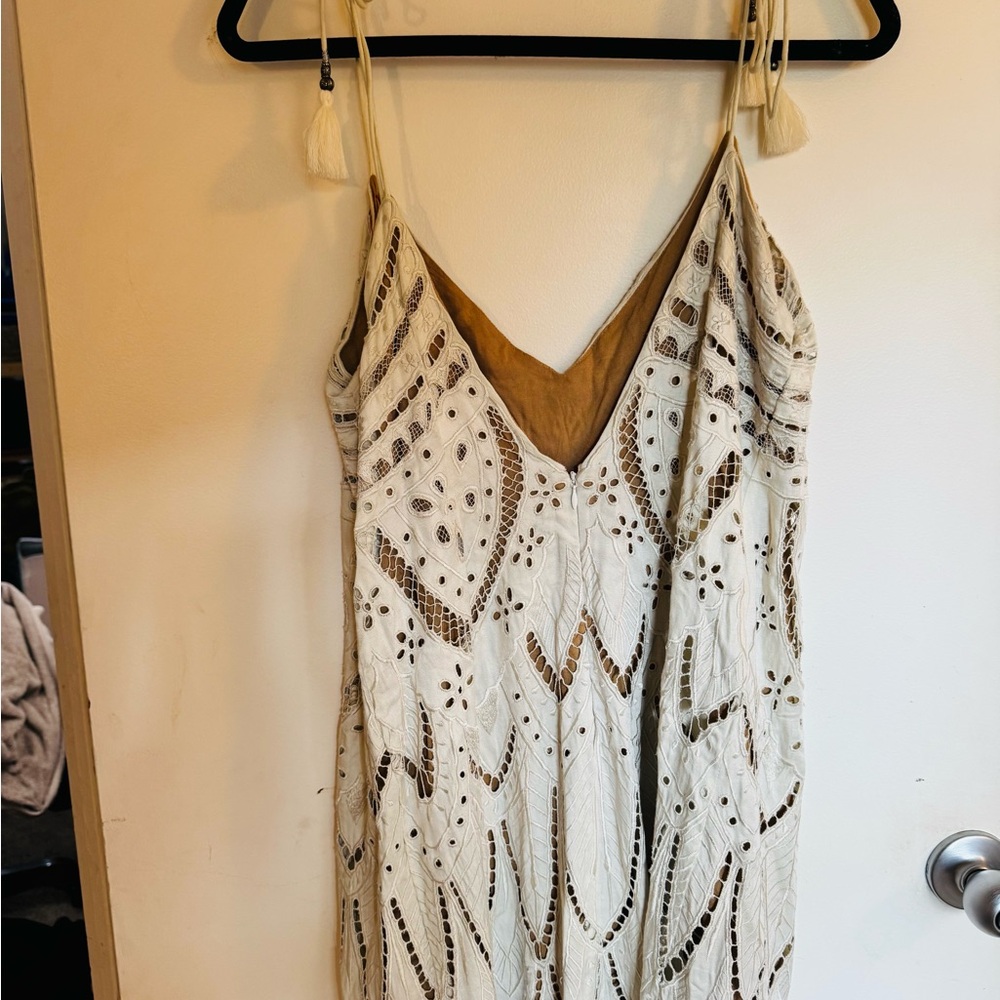 Free People PYT cream lace tassel tie boho festival Cream and Brown Mini Dress - Picture 5 of 11